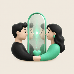 A couple holding a heart in front of a mirror