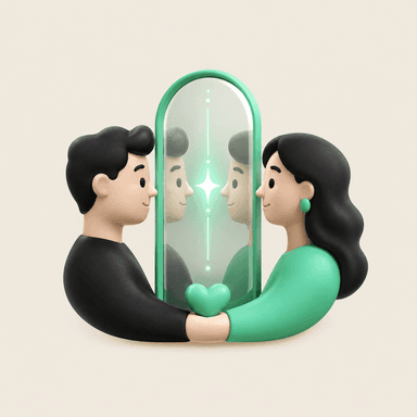 A couple holding a heart in front of a mirror