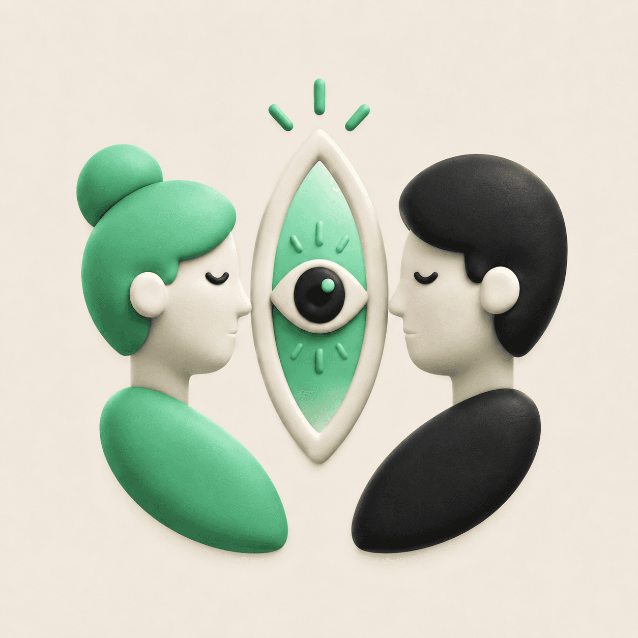 Two partners facing a calm eye symbol, representing honest seeing