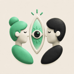 Two partners facing a calm eye symbol, representing honest seeing