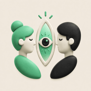 Two partners facing a calm eye symbol, representing honest seeing