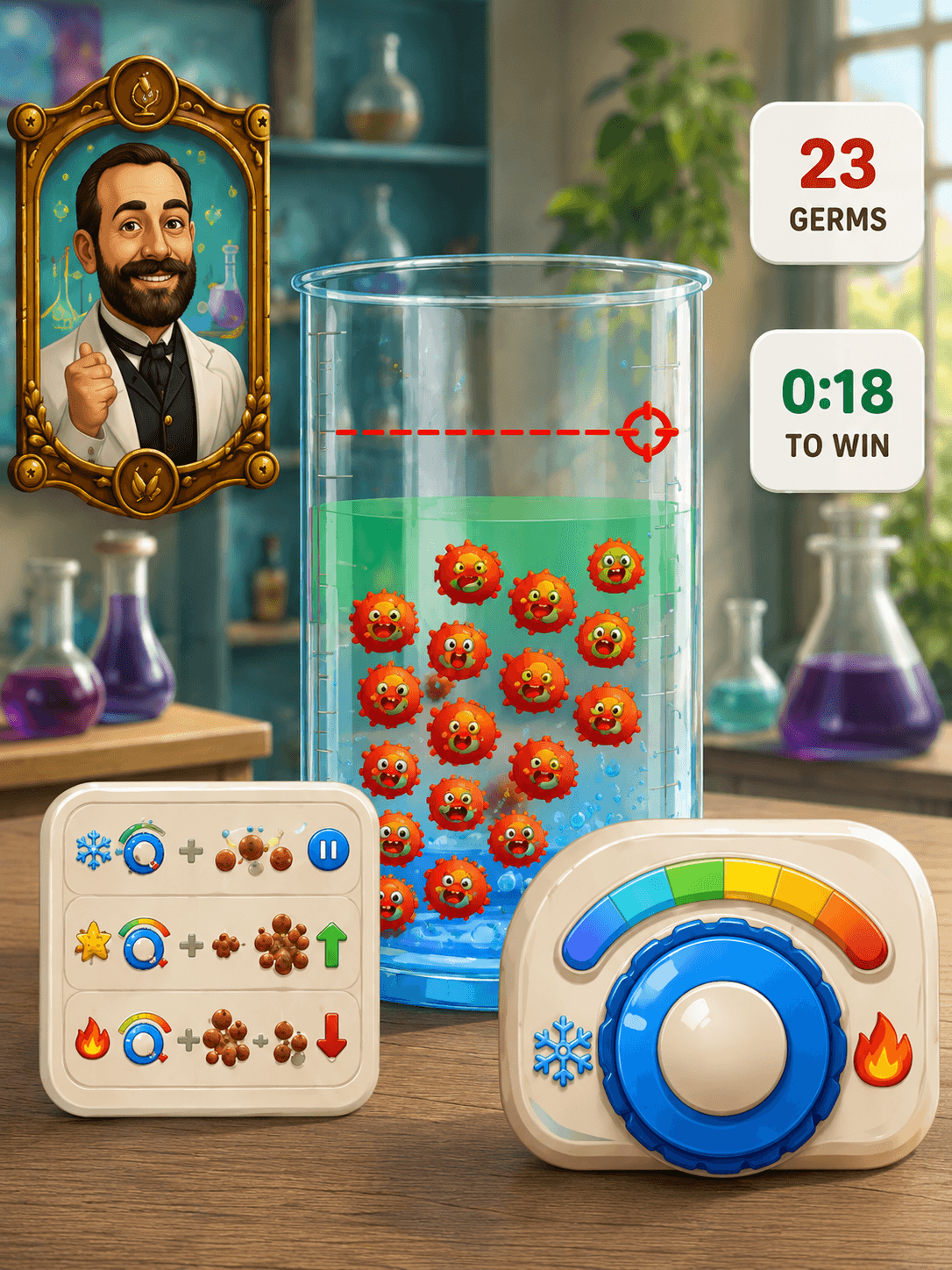 Koch's Culture Lab game scene about growing and studying bacteria.