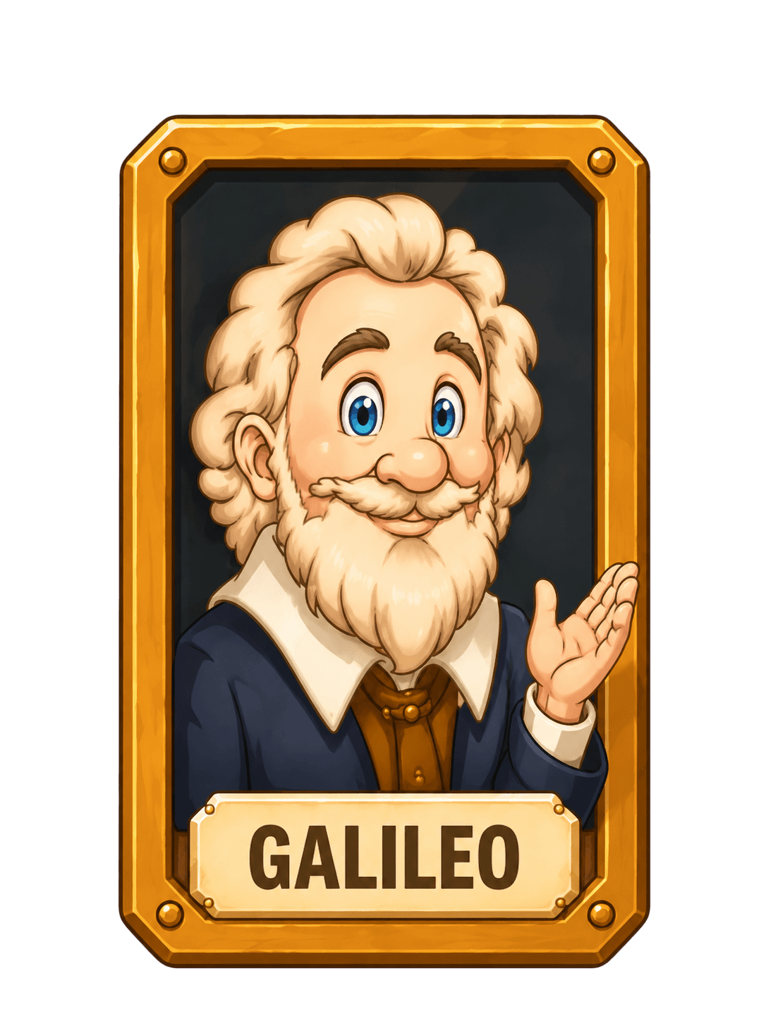 Framed cartoon portrait of Galileo Galilei.
