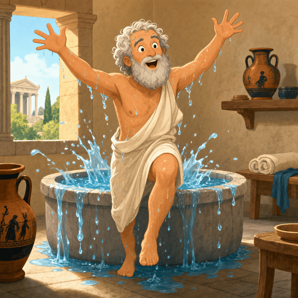 Archimedes joyfully stepping from a bath with water splashing, the famous Eureka moment.