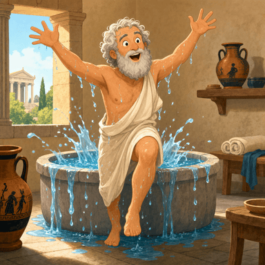 Archimedes joyfully stepping from a bath with water splashing, the famous Eureka moment.