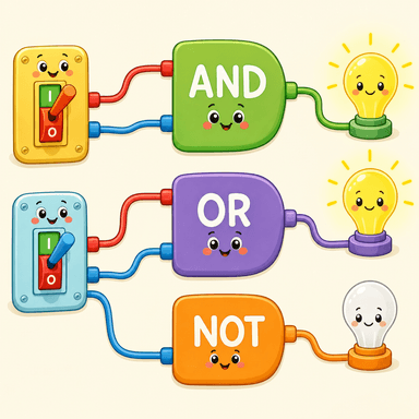 Colorful AND, OR, and NOT blocks connected to on/off switches, showing Boolean logic.