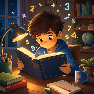 A young boy reading by lamplight with math symbols floating around him.