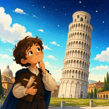 A young Galileo standing in front of the leaning tower of Pisa under a starry sky.