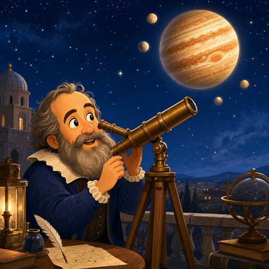 Galileo looking through a telescope at Jupiter and its four moons in a starry sky.