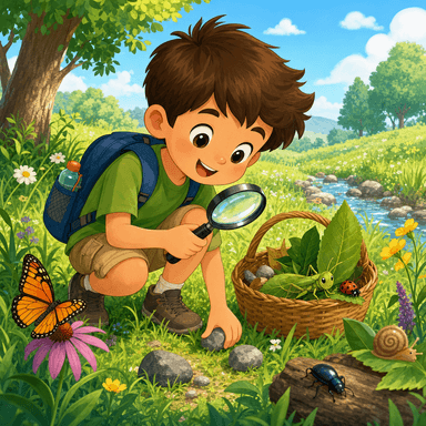 A curious young boy collecting leaves, rocks, and insects outdoors with a magnifying glass.