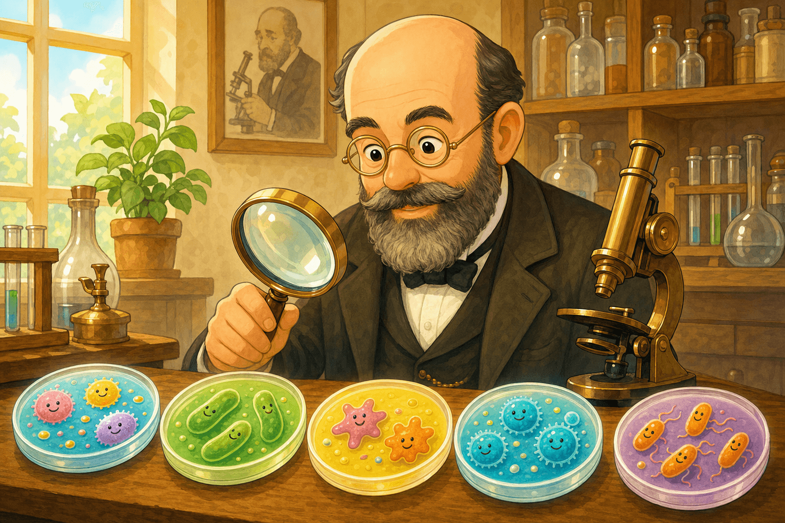 Robert Koch as a friendly detective examining petri dishes and a microscope in a vintage laboratory.
