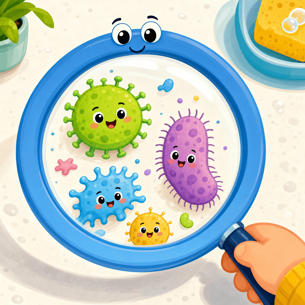 A magnifying glass over friendly cartoon germs, showing how scientists study bacteria.