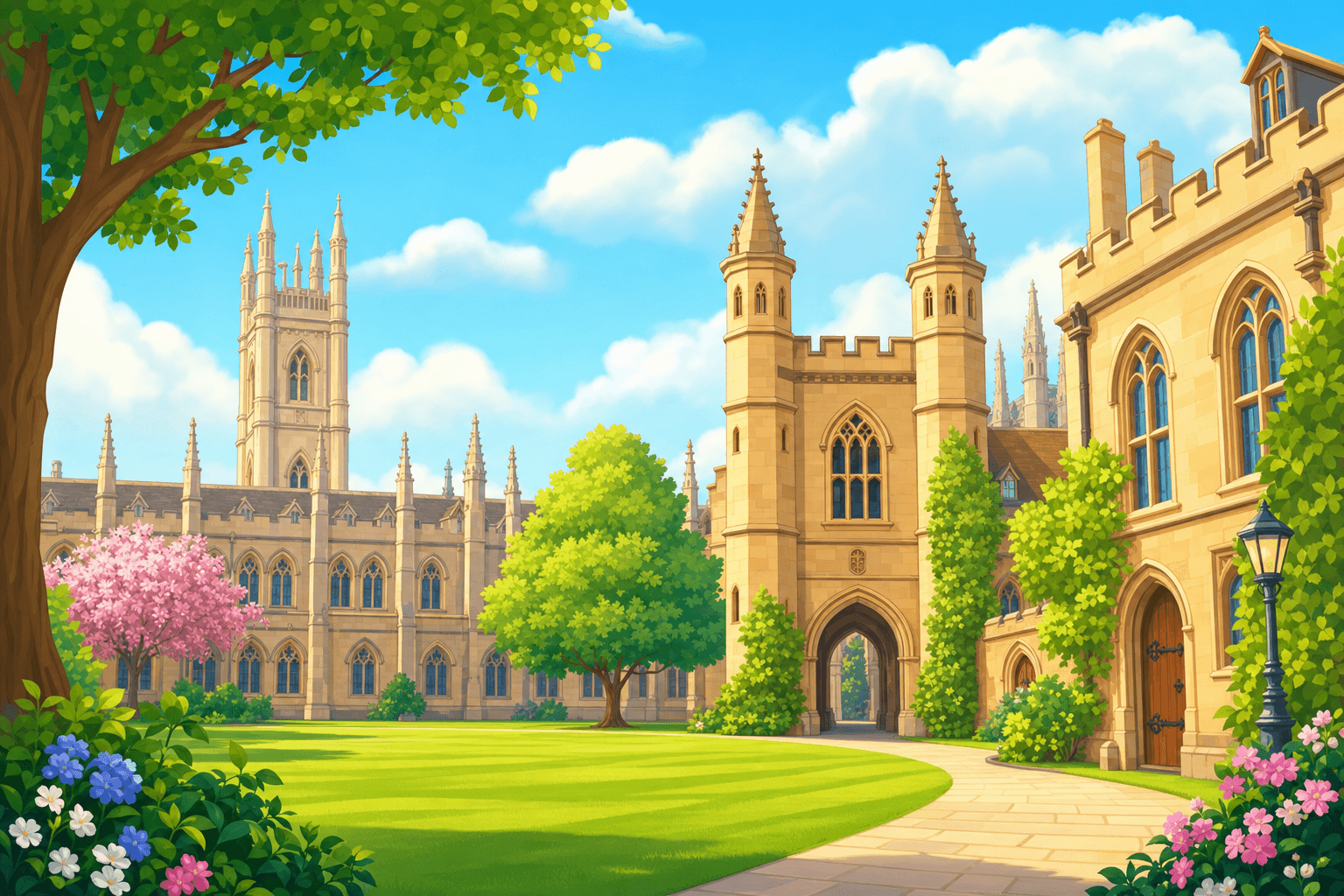 Cambridge college buildings under a bright sky, where Isaac Newton studied.