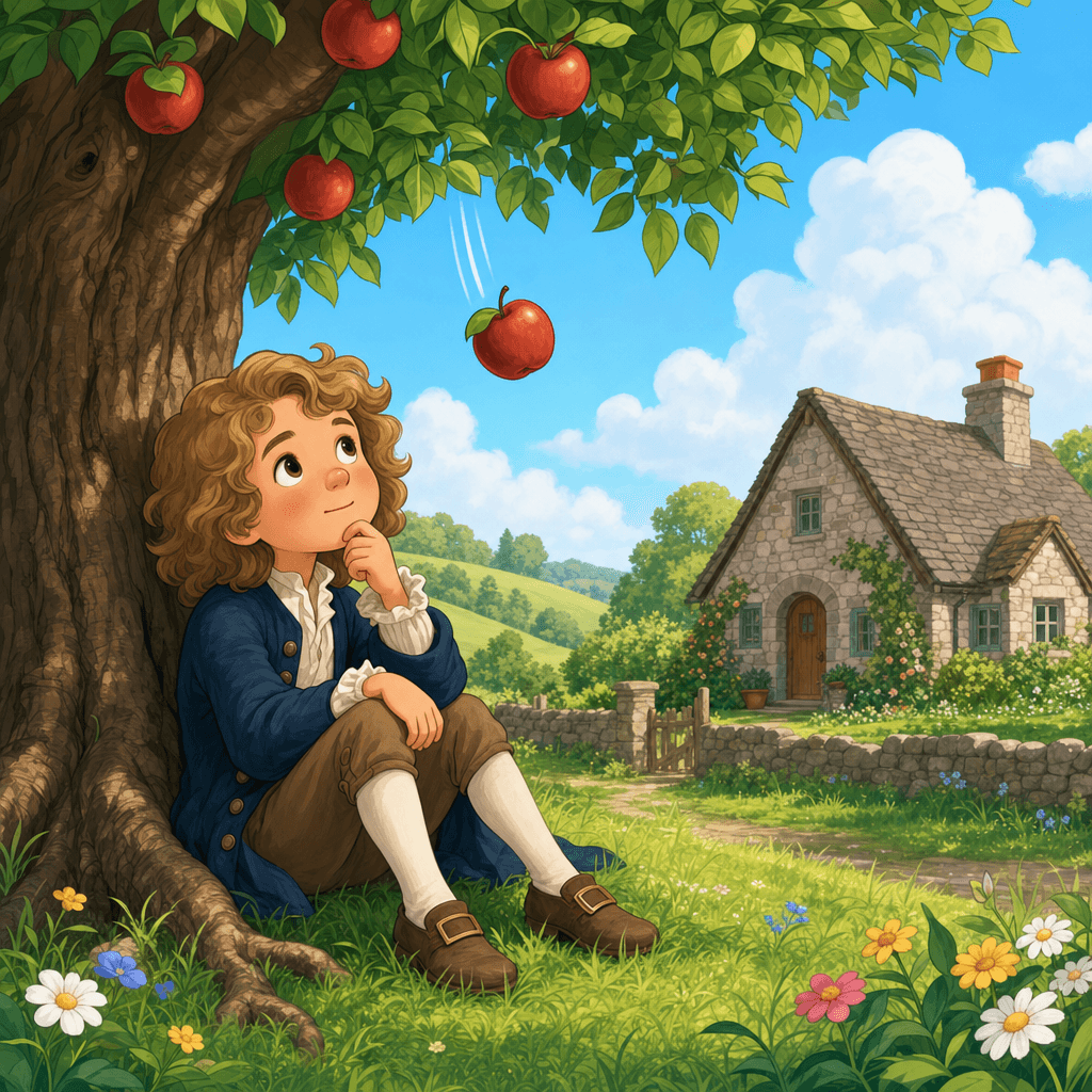 Young Isaac Newton as a curious boy beneath an apple tree near a countryside cottage.