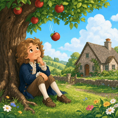 Young Isaac Newton as a curious boy beneath an apple tree near a countryside cottage.