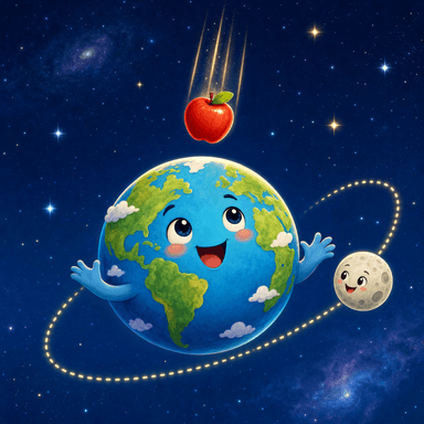 A red apple falling toward Earth while the Moon circles in orbit, showing how gravity works.