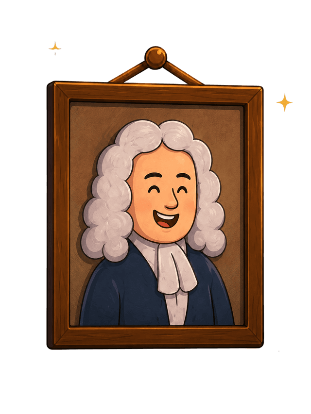 Framed cartoon portrait of a cheerful Isaac Newton.