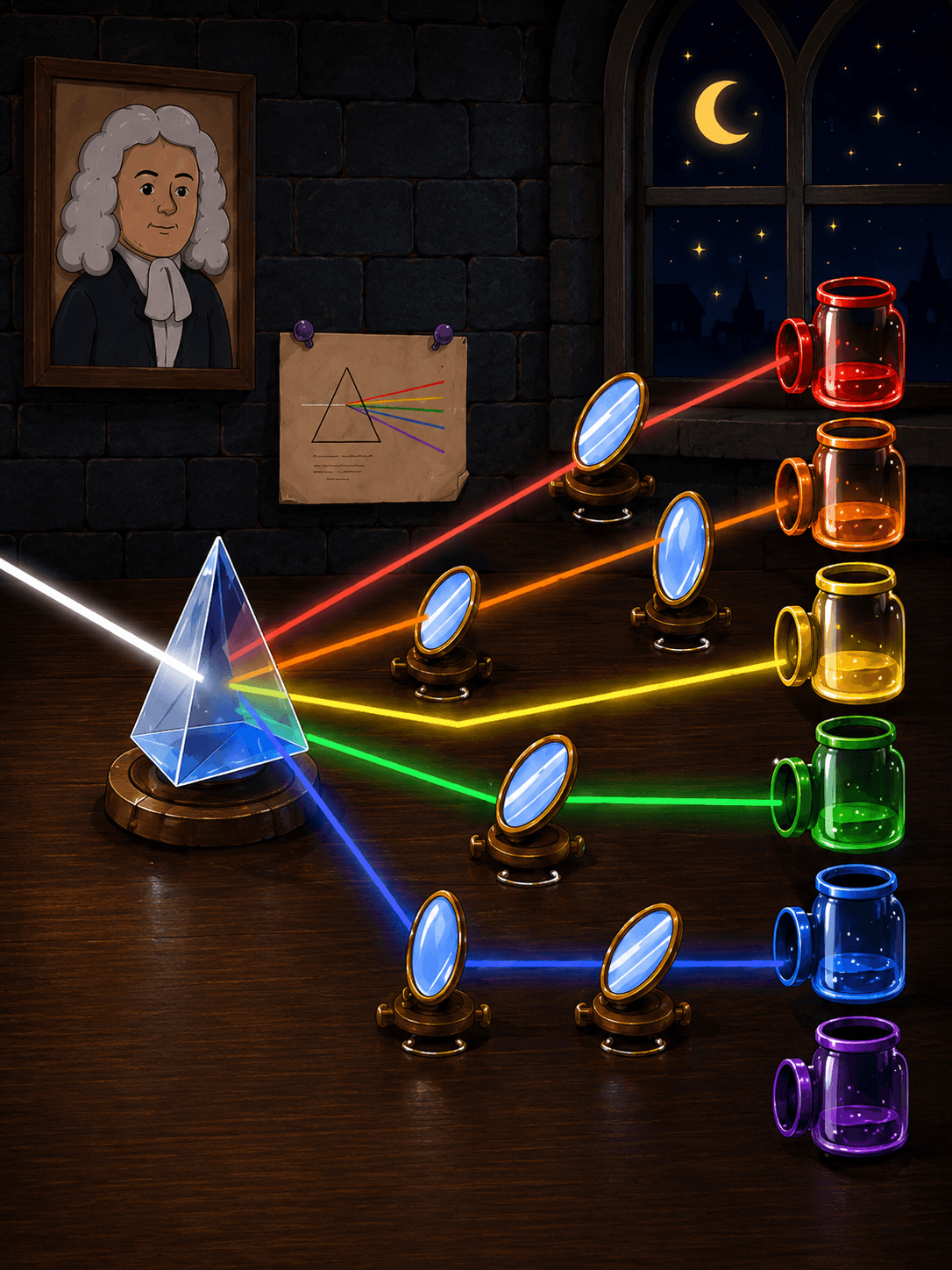 Newton's Prism Lab game scene with a glass prism splitting light into a rainbow.