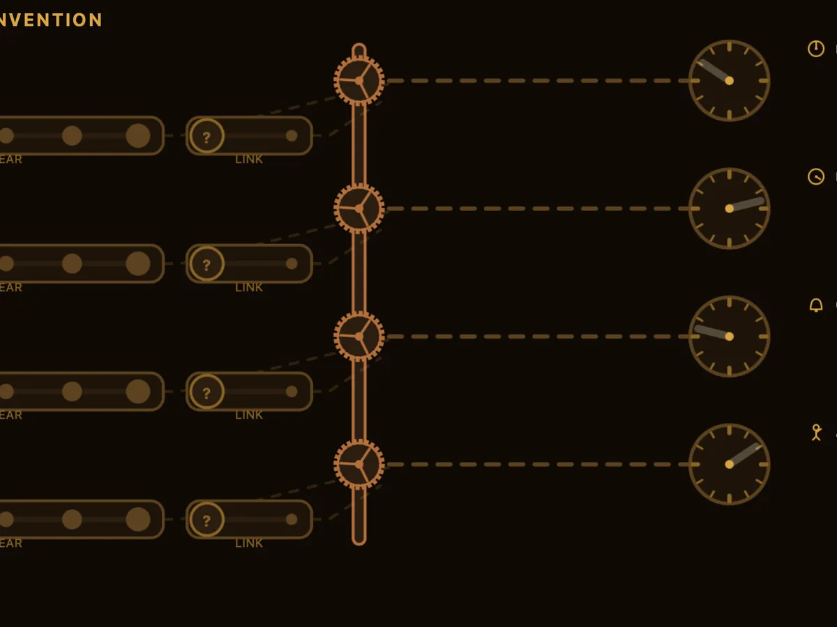 The Clock of Invention mini-game, with brass gears of different sizes turning a clock's hands.