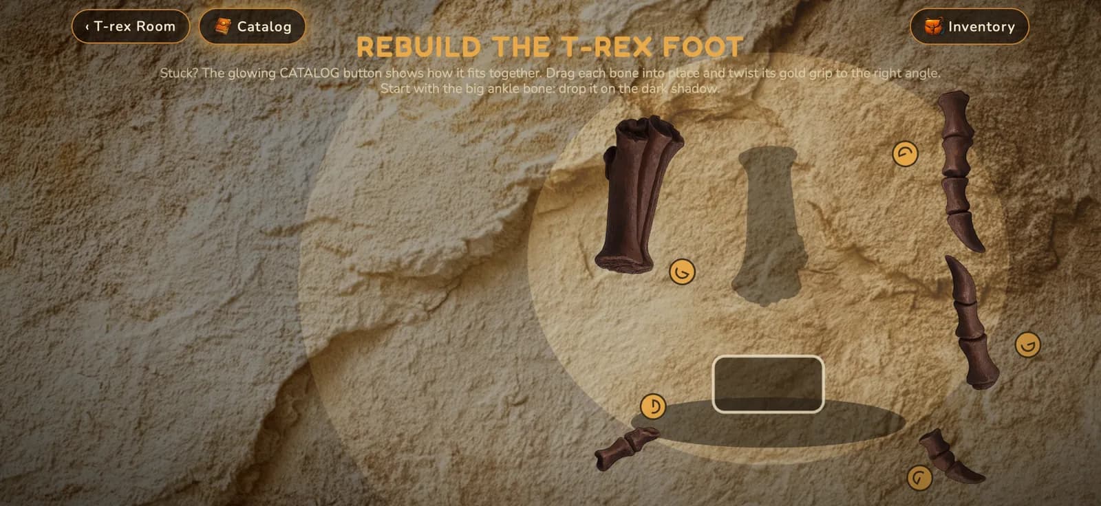 The T-rex Foot Puzzle mini-game, with fossil bones ready to fit on a pedestal.