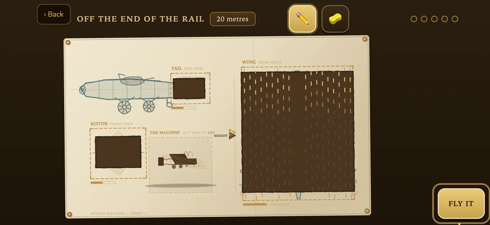 The Drawing Board mini-game, a drawn flying machine gliding across the workshop.