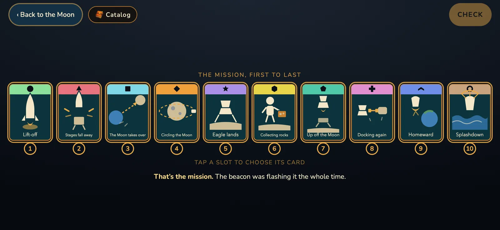 The Landing Sequence mini-game, a mission board with Apollo 11 cards in order.