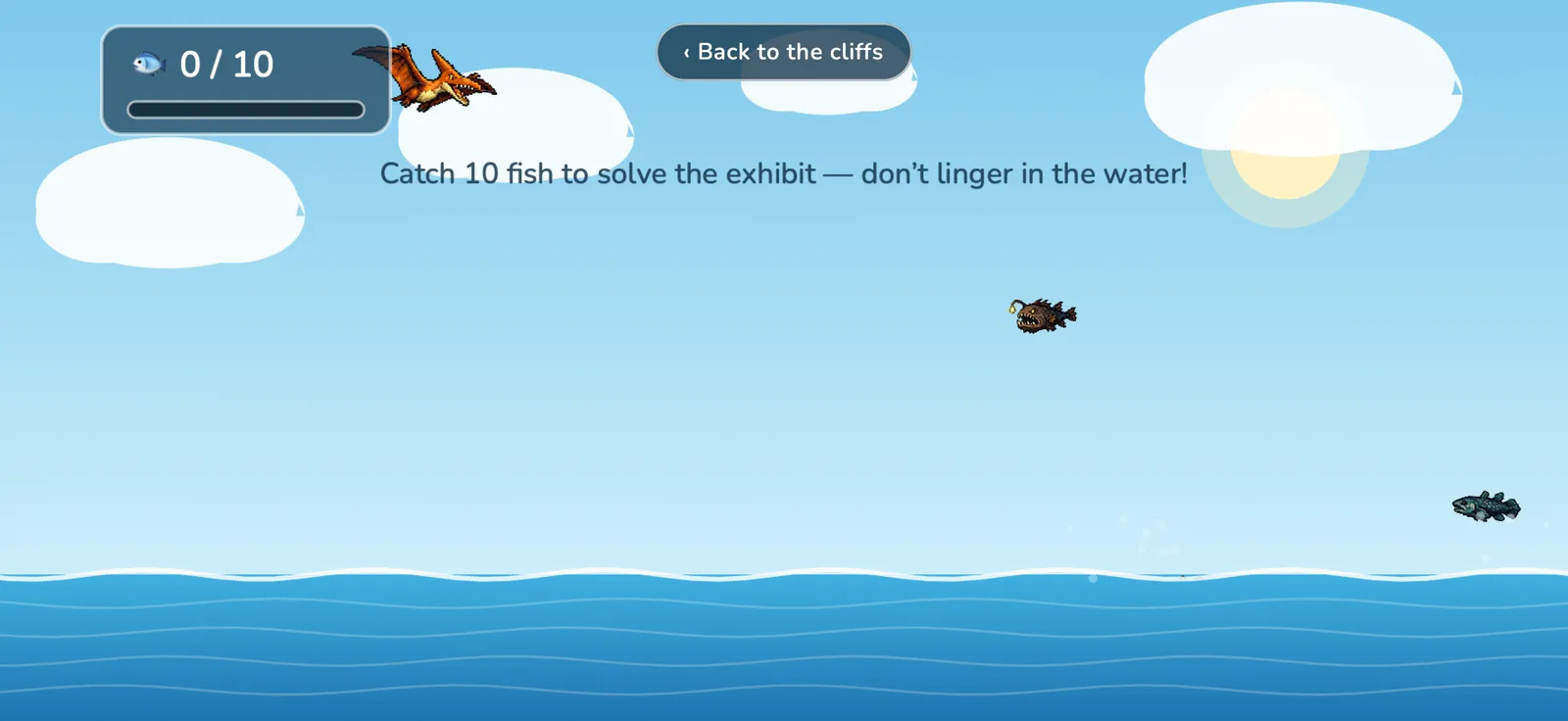 The Fish Run mini-game, with a Pteranodon swooping over the sea to catch fish.