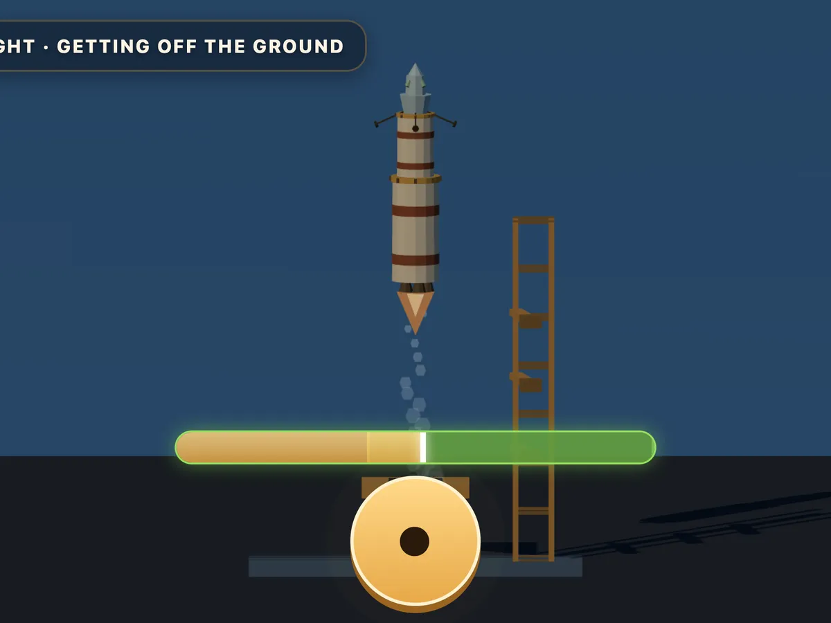 A cartoon rocket climbing away from Earth with its booster stages, in The Long Way Up mini-game.