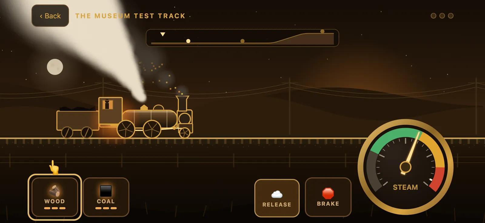 The Test Track mini-game, a steam locomotive with a pressure gauge and a fire to stoke.