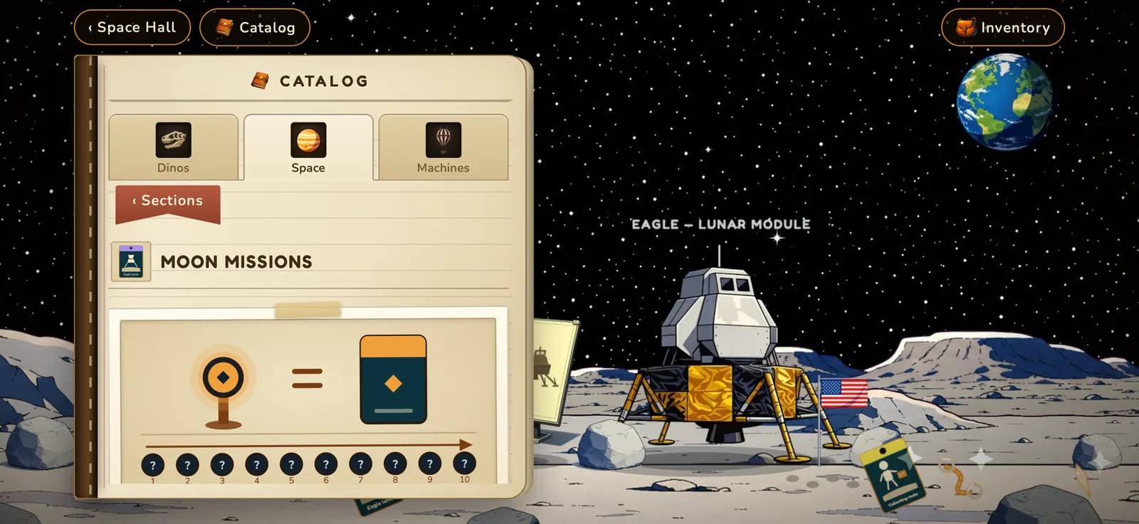 The Moon Missions page of the game's Field Guide, with a mission board and ten numbered cards.