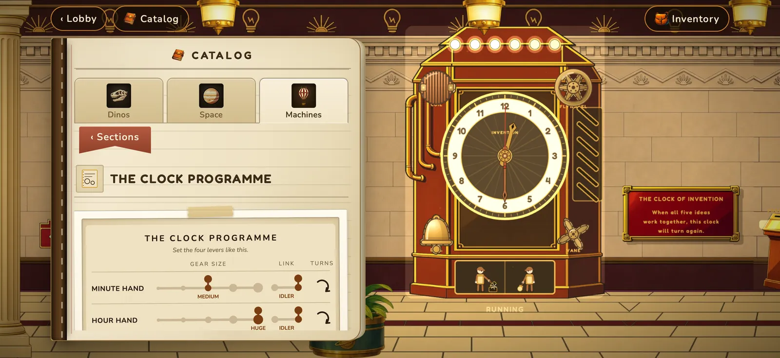 The Clock Programme page of the game's Field Guide, showing gear sizes and directions.