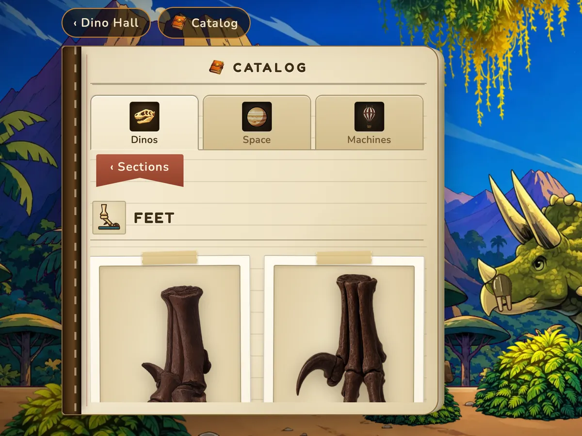 The Feet page of the game's Field Guide, showing a heavy plant-eater's foot beside a clawed theropod foot.