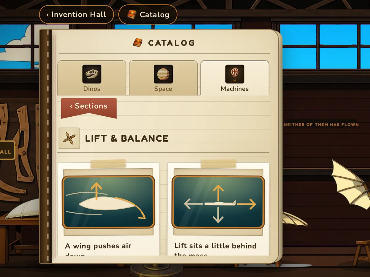 The Lift and Balance page of the game's Field Guide, with diagrams of a wing pushing air down.