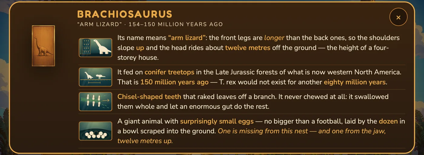 The Brachiosaurus museum placard in the game, about its name, food, teeth and eggs.
