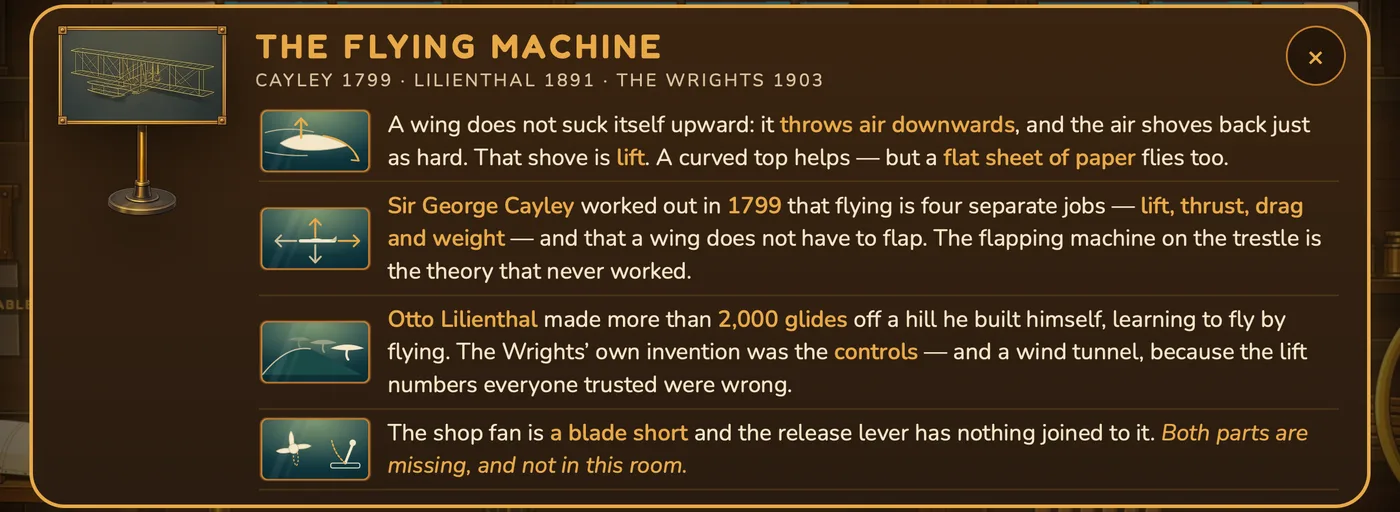 The museum placard for the flying machine.
