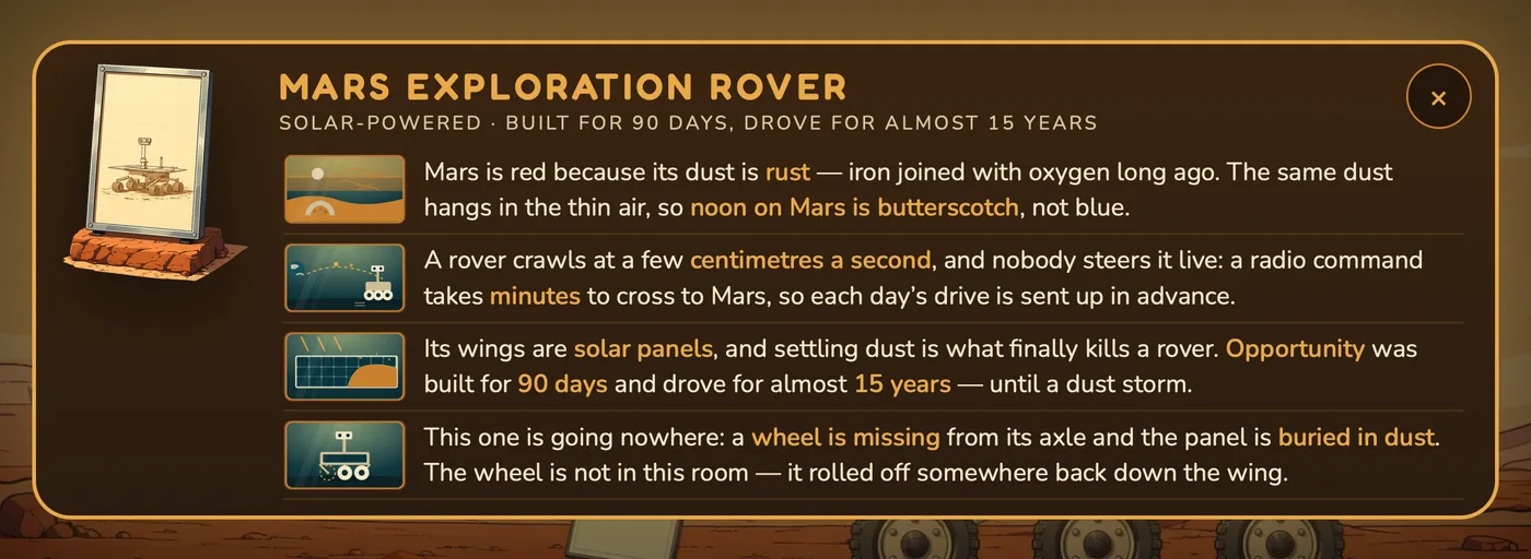 The museum placard for the Mars Exploration Rover, about rust, slow driving and dusty solar panels.
