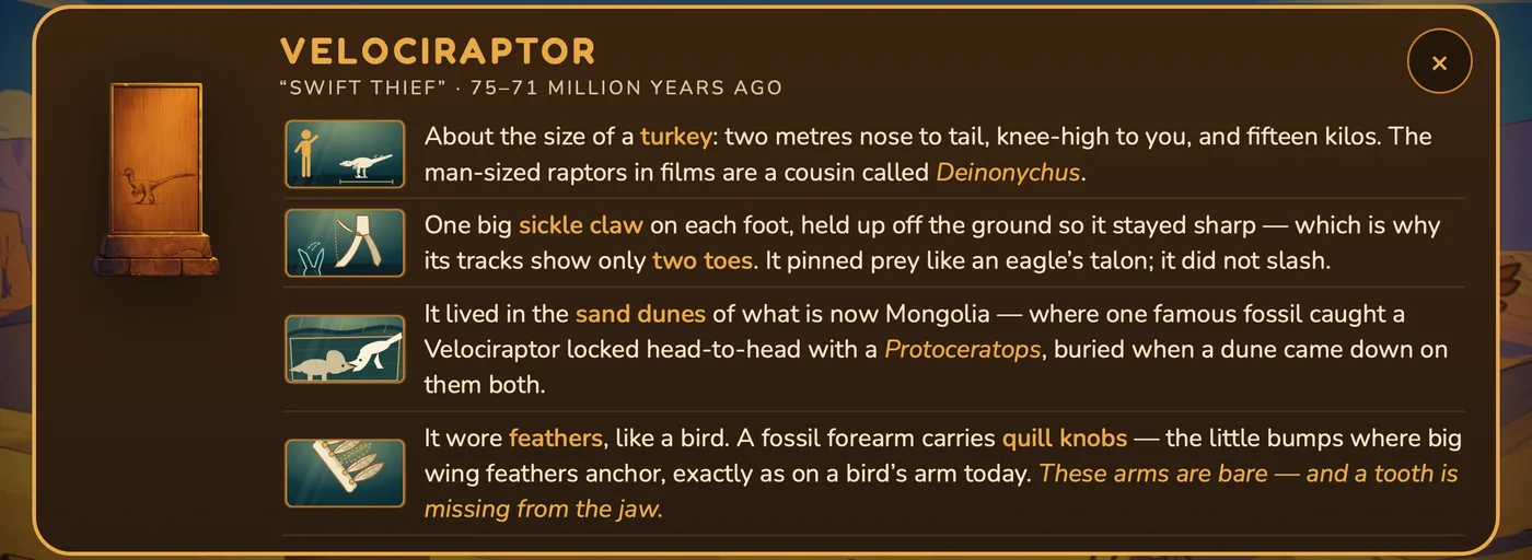 The Velociraptor museum placard in the game, describing its size, claw, desert home and feathers.