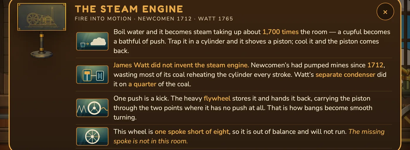 The museum placard for the steam engine.
