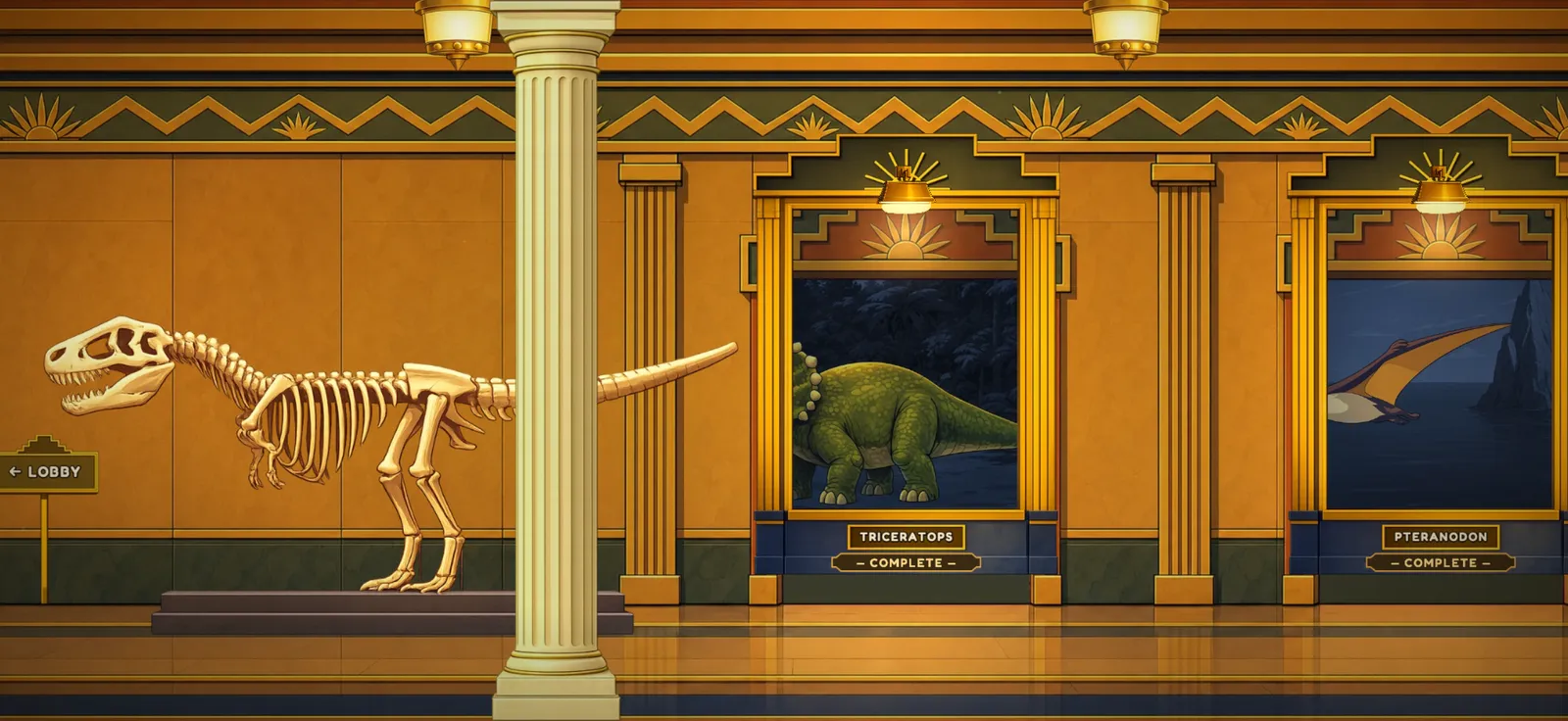 The Dino Hall in Science Museum Adventure, with a T. rex skeleton and five exhibit windows.