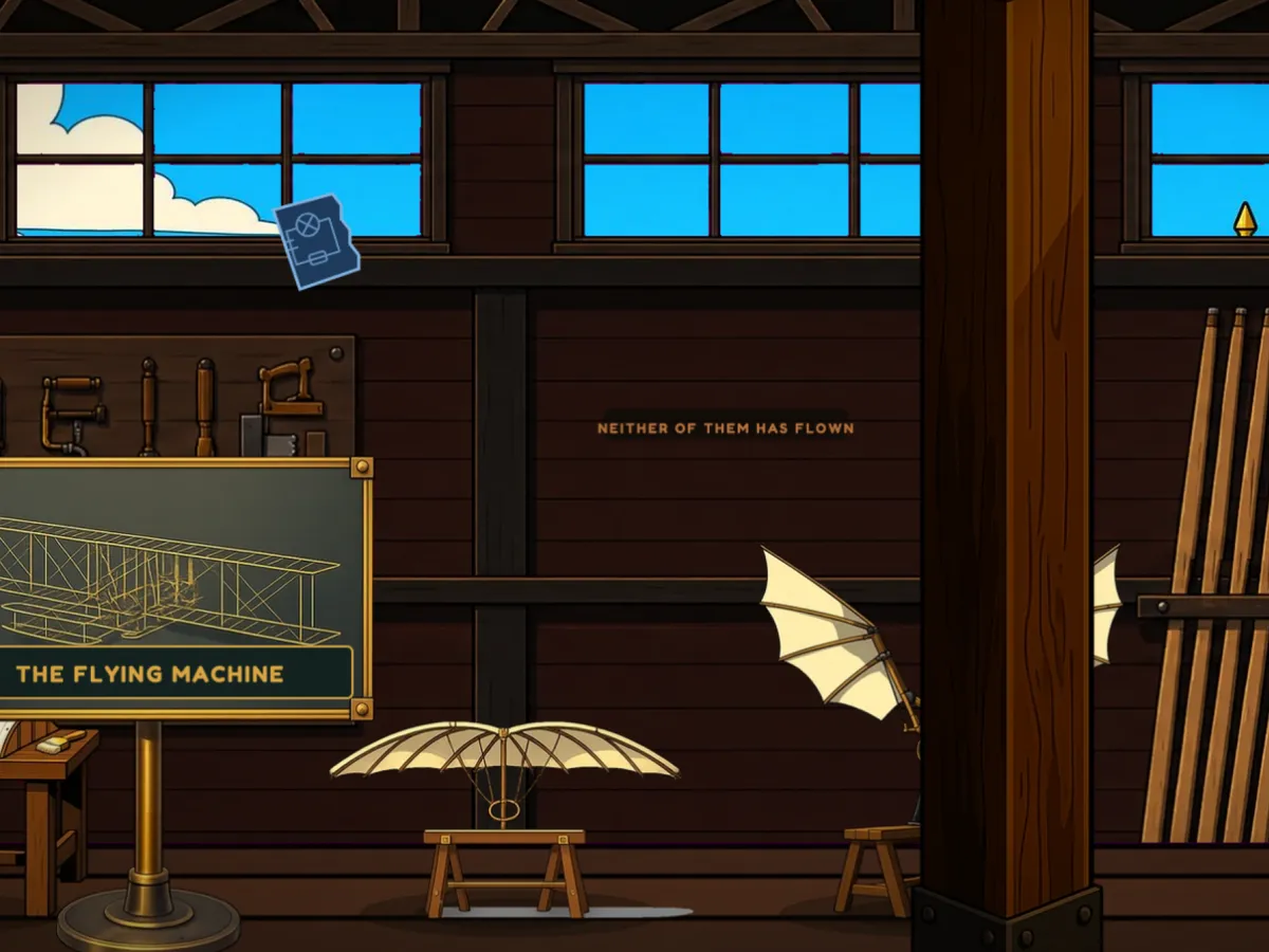 A flying machine workshop with a glider blueprint on a chalkboard and a model with flapping wings.