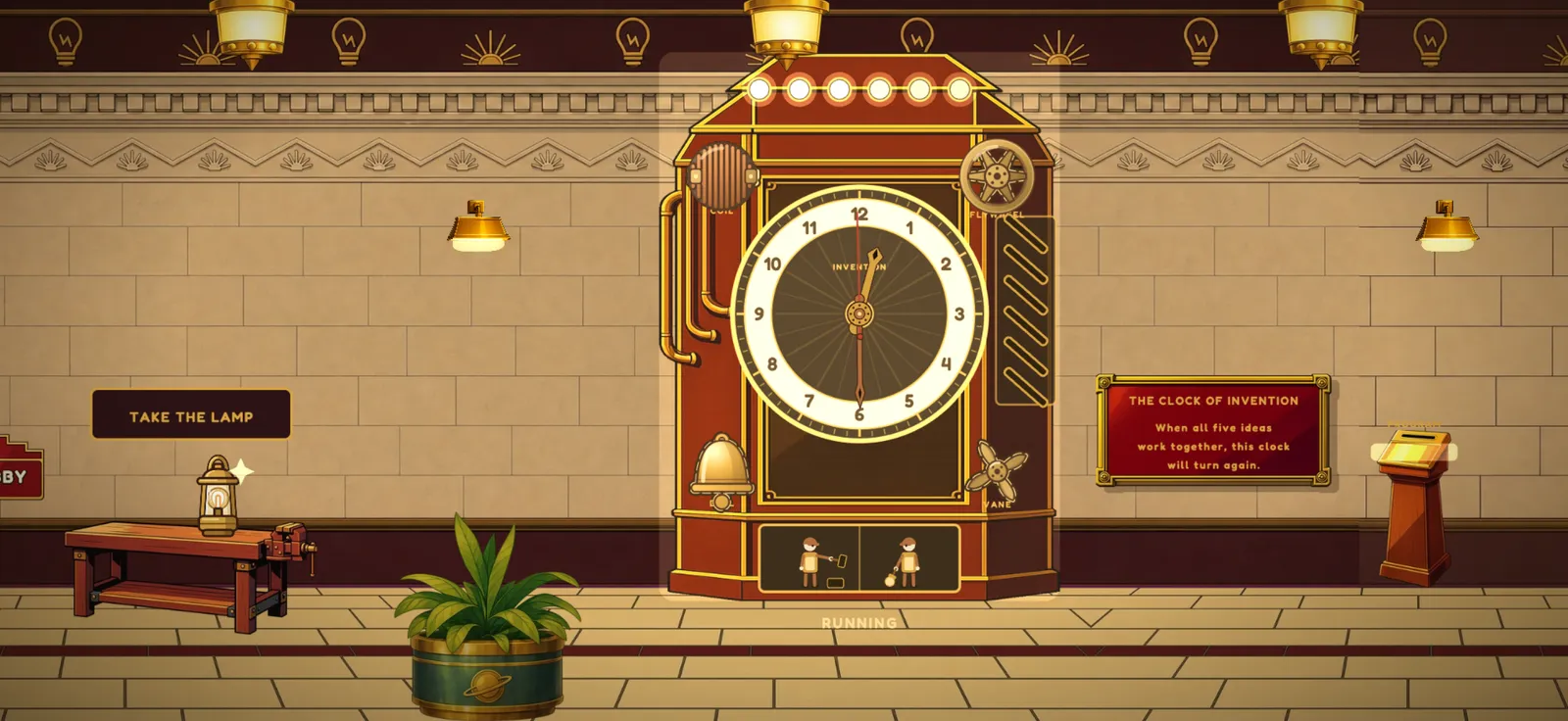 The Invention Hall in Science Museum Adventure, with the Clock of Invention.
