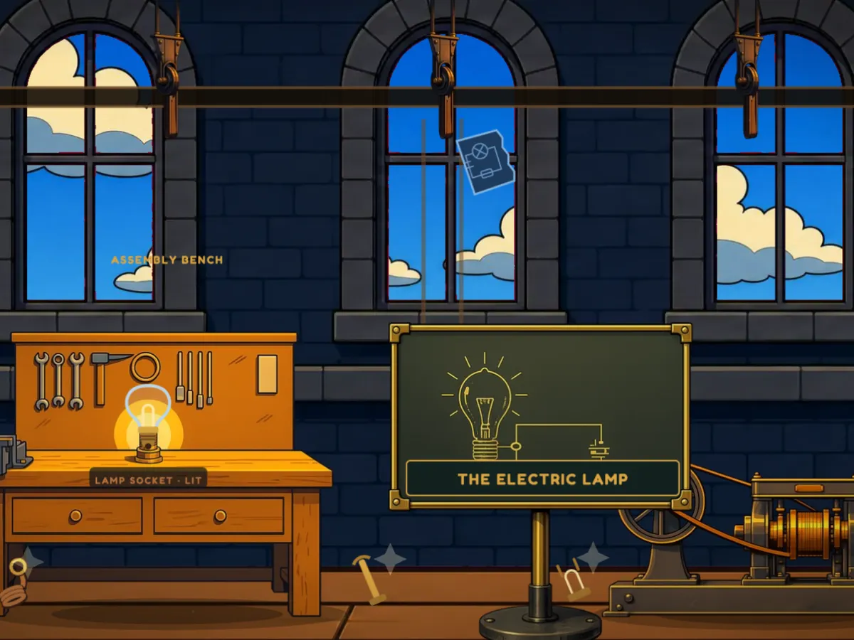 A Victorian workshop with a glowing lamp on a workbench and a chalkboard drawing of a light bulb.