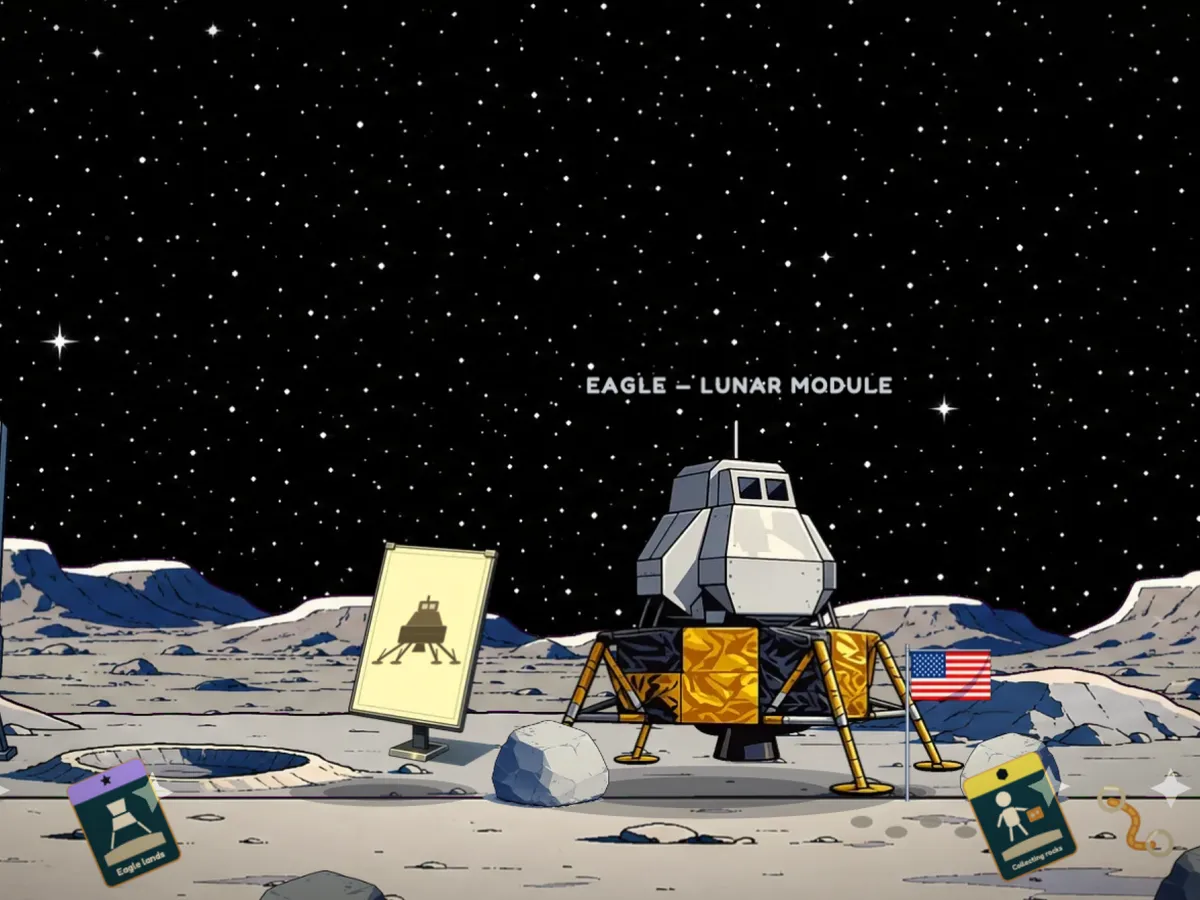 A cartoon lunar module standing on the grey surface of the Moon under a black sky, with a flag beside it.