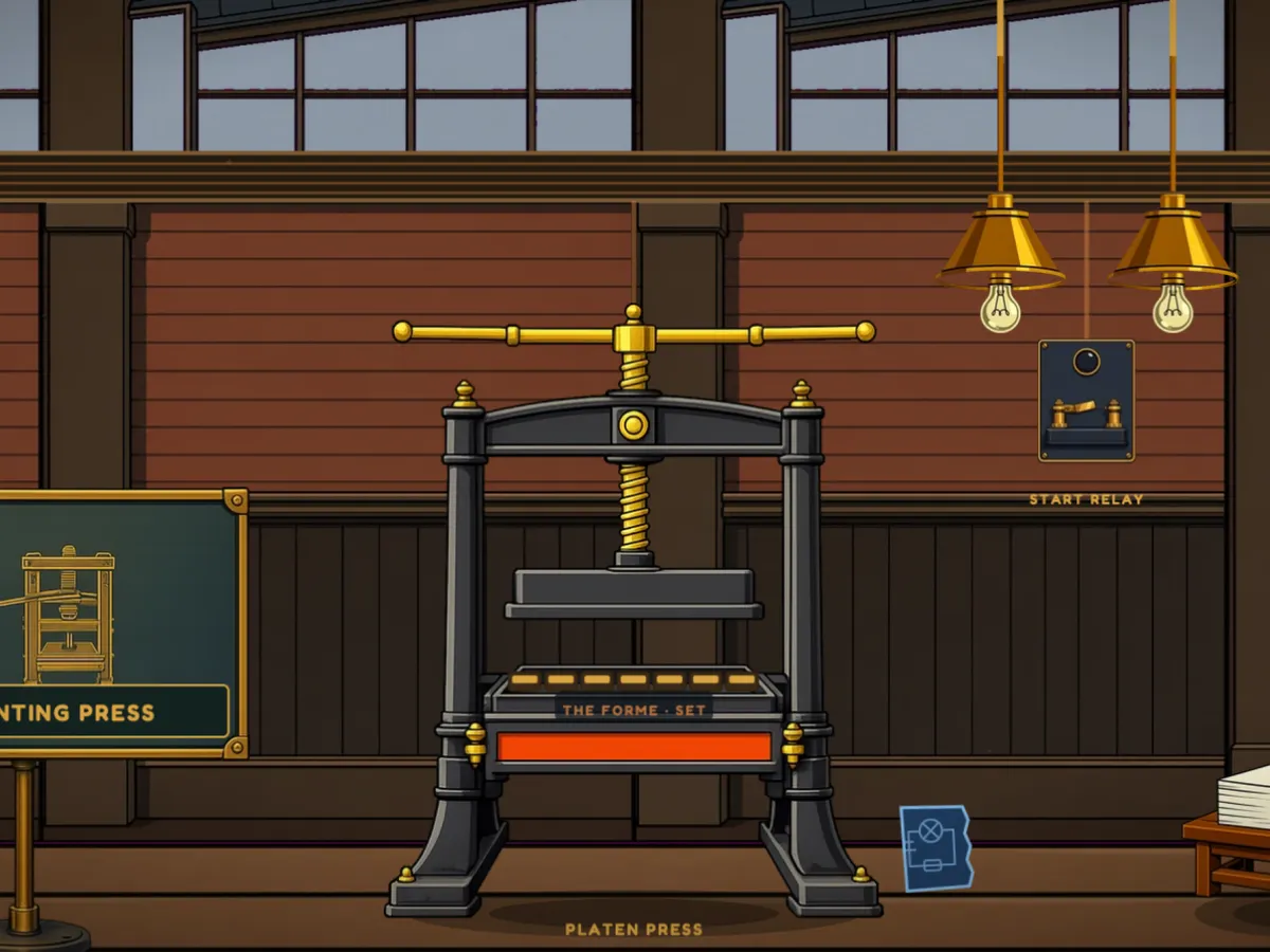 An old iron printing press in a wooden print room with hanging lamps.