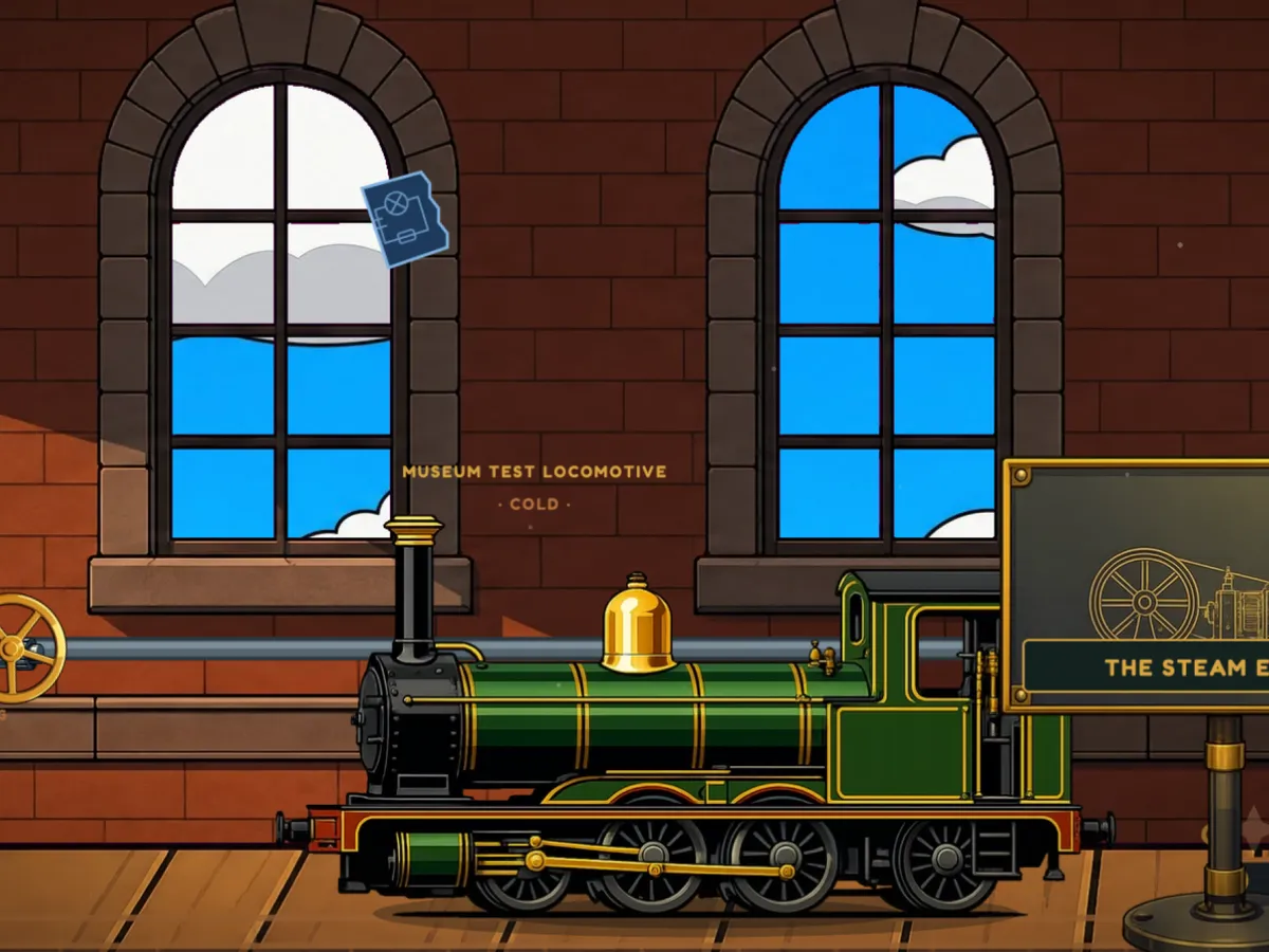 A green steam locomotive in a brick engine room with tall arched windows.