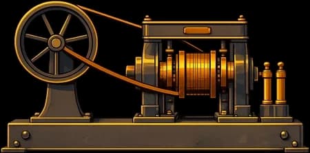 A cartoon dynamo generator with a big wheel and a coil of wire.