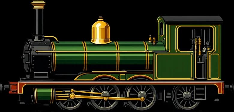 A cartoon green steam locomotive with a tall chimney and red wheels.