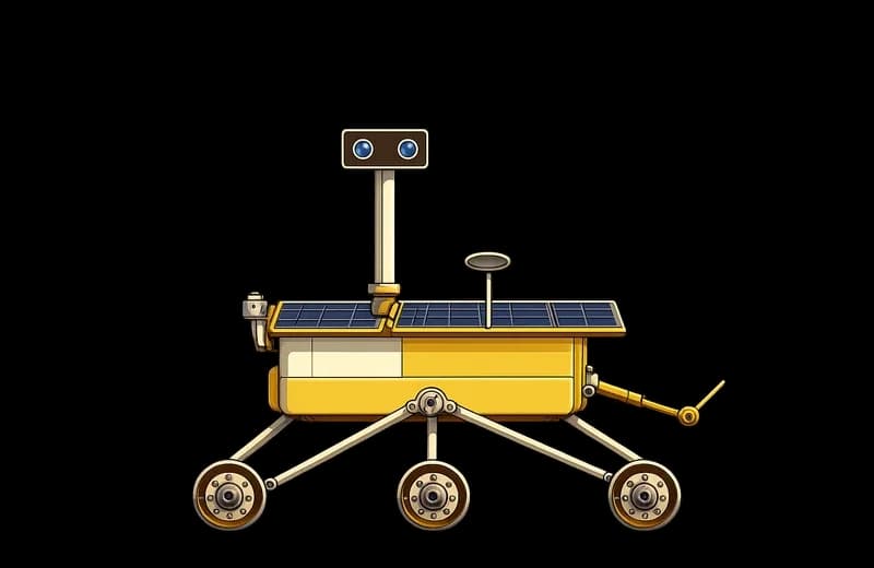 A cartoon Mars rover with six wheels, a camera mast and flat solar panel wings.