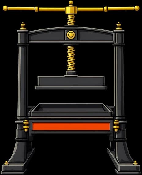 A cartoon iron printing press with a big screw and handle.