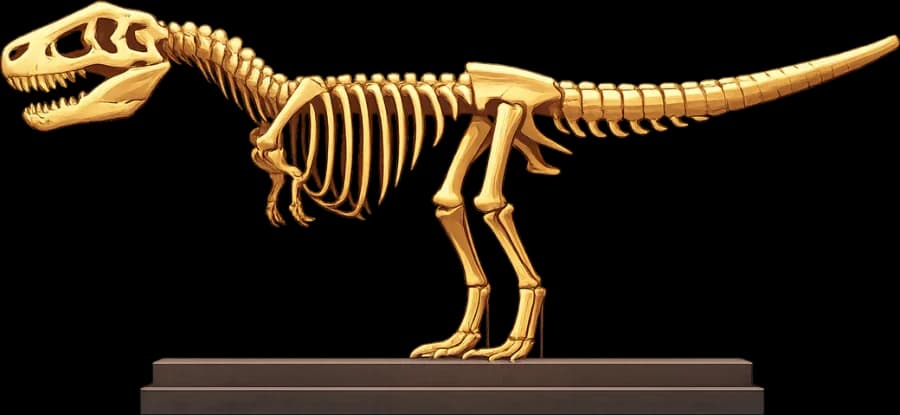 A golden T. rex skeleton on a museum stand.